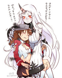 Rule 34 | 10s, 2girls, abyssal ship, artist name, blush, breast envy, breasts, brown hair, closed eyes, detached sleeves, dress, horns, kantai collection, ko-on (ningen zoo), large breasts, long hair, multiple girls, navel, orange eyes, pale skin, ribbed dress, ryuujou (kancolle), seaport princess, short dress, sideboob, simple background, skirt, torn clothes, torn skirt, translation request, twintails, very long hair, visor cap, white background, white hair
