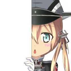 Rule 34 | 10s, 1girl, anchor hair ornament, blonde hair, blue eyes, blush, chestnut mouth, gloves, hair ornament, hiding, kantai collection, looking at viewer, nagineko, open mouth, peeking out, prinz eugen (kancolle), smile, solo, transparent background, twintails, white gloves