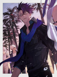 Rule 34 | archer (fate), archer (summer casual) (fate), black-framed eyewear, blurry, blurry foreground, border, brynhildr (fate), brynhildr (swimsuit berserker) (fate), character request, commentary request, fate/grand order, fate (series), from below, gender request, glasses, hair between eyes, itefu, manly, multicolored hair, multiple boys, multiple girls, open mouth, outdoors, outside border, palm tree, prince of lan ling (eastern socialite attire) (fate), prince of lan ling (fate), purple hair, purple scarf, scarf, sigurd (fate), sigurd (memories with my lover) (fate), sleeves past elbows, teeth, tree, two-tone hair, water drop