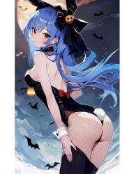 Rule 34 | 1girl, absurdres, ass, bat (animal), black headwear, black leotard, blue hair, breasts, closed mouth, fishnet pantyhose, fishnets, full moon, halloween costume, highres, hinanawi tenshi, jack-o&#039;-lantern, large breasts, leaning forward, leotard, long hair, looking at viewer, moon, outdoors, pantyhose, playboy bunny, rabbit tail, red eyes, smile, solo, tail, tetsurou (fe+), touhou