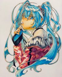 Rule 34 | 1girl, bag, blouse, blue eyes, blue hair, blue nails, chinese commentary, finger to mouth, from side, hair behind ear, hatsune miku, highres, holding, holding bag, jacket, long hair, marker (medium), mochi. (mochi kga), nail polish, off shoulder, parted lips, red jacket, shirt, solo, traditional media, vocaloid, white background, white shirt