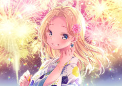 Rule 34 | 1girl, aerial fireworks, blonde hair, blurry, blurry background, blush, commentary request, depth of field, earrings, fireworks, floral print, flower, forehead, glint, grey hair, grin, hair flower, hair ornament, hand up, japanese clothes, jewelry, kimono, long hair, looking at viewer, looking to the side, nail polish, nemuri nemu, night, original, outdoors, parted bangs, pink flower, print kimono, smile, solo, upper body, white kimono, yellow nails, yukata