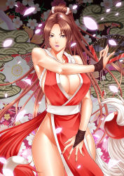 Rule 34 | 1girl, bad id, bad pixiv id, breasts, brown eyes, brown hair, cleavage, hand fan, fatal fury, female focus, folding fan, highres, large breasts, long hair, pelvic curtain, petals, ponytail, revealing clothes, seigaiha, shiranui mai, smile, snk, solo, the king of fighters, thighs, zucchini