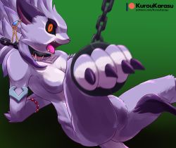 Rule 34 | 1girl, alternate form, animal ears, armlet, black sclera, bracelet, breasts, cat ears, cat girl, cat tail, chained-up, chained ankles, claws, colored sclera, earrings, fangs, furry, isabella (seiken densetsu 3), jewelry, kurou-karasu, necklace, no nipples, no pussy, purple fur, purple hair, red eyes, seiken densetsu, seiken densetsu 3, slit pupils, tail