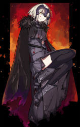 Rule 34 | 1girl, ahoge, armor, armored dress, black cape, black dress, black thighhighs, blood, blood on clothes, blood on face, cape, dress, fate/grand order, fate (series), from side, full body, fur-trimmed cape, fur trim, hair between eyes, headpiece, jeanne d&#039;arc (fate), jeanne d&#039;arc alter (avenger) (fate), jeanne d&#039;arc alter (fate), kamei (yamatomo24), short hair, silver hair, sketch, solo, thighhighs, yellow eyes