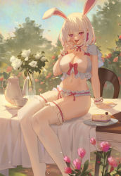 Rule 34 | 1girl, azur lane, bad id, bad pixiv id, cake, cirilla lin, commentary request, dessert, food, highres, in tree, lingerie, plate, sirius (azur lane), solo, thighhighs, tree, underwear, white thighhighs