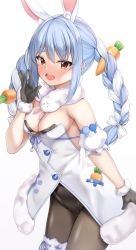 Rule 34 | 1girl, animal ear fluff, animal ears, black gloves, black leotard, blue hair, blue ribbon, bow, braid, breasts, bridal garter, brown pantyhose, carrot, carrot hair ornament, commentary, detached sleeves, don-chan (usada pekora), dress, english commentary, food-themed hair ornament, fur-trimmed dress, fur-trimmed gloves, fur scarf, fur trim, gloves, hair bow, hair ornament, hand up, highres, hololive, legs together, leotard, lomocya, long hair, looking at viewer, multicolored hair, open mouth, outstretched hand, pantyhose, pocket, pom pom (clothes), puffy short sleeves, puffy sleeves, rabbit ears, rabbit girl, ribbon, short dress, short eyebrows, short sleeves, sidelocks, simple background, sleeveless, sleeveless dress, small breasts, standing, strapless, strapless dress, teeth, thick eyebrows, twin braids, twintails, two-tone hair, upper teeth only, usada pekora, usada pekora (1st costume), virtual youtuber, white background, white bow, white dress, white hair, yellow eyes