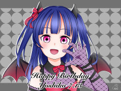Rule 34 | 1girl, absurdres, alternate hairstyle, angel of eden (love live!), artist name, artist request, bare shoulders, black dress, black wings, blue hair, blush, bow, bowtie, breasts, claw pose, collarbone, collared dress, cross-laced clothes, cross-laced dress, demon horns, dress, elbow gloves, fake demon horns, female focus, gloves, hair ribbon, highres, horns, long hair, looking at viewer, love live!, love live! school idol festival, love live! school idol festival all stars, love live! sunshine!!, parted lips, pink eyes, plaid, plaid dress, pleated, pleated dress, purple eyes, purple gloves, red bow, red ribbon, red wings, ribbon, smile, solo, sparkle, sparkle background, strapless, strapless dress, tsushima yoshiko, twintails, two side up, upper body, wings