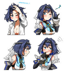 Rule 34 | 1girl, angry, black gloves, black sleeves, black tank top, blue bow, blue eyes, blue gemstone, blue hair, blush, bow, bow earrings, breasts, chain, chain headband, clothing cutout, collared shirt, cropped torso, ddolbang, detached sleeves, earrings, eighth note, english text, flying sweatdrops, from side, gem, gloves, hair intakes, hand on own head, hand up, heart-shaped gem, highres, hololive, hololive english, index finger raised, jewelry, large breasts, long sleeves, looking ahead, looking at viewer, looking to the side, messy hair, multiple views, musical note, naked shirt, nervous, nervous smile, no bra, one eye closed, ouro kronii, shirt, short hair, sideways mouth, simple background, sleeveless, sleeveless shirt, smile, sweatdrop, tank top, underboob, underboob cutout, v-shaped eyebrows, veil, virtual youtuber, waking up, whistling, white background, white shirt, white veil