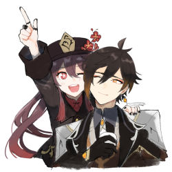 Rule 34 | 1boy, 1girl, ;d, black nails, blush, brown hair, earrings, flower, genshin impact, gloves, hand up, hat, hat flower, hu tao (genshin impact), jewelry, long sleeves, lumbbyz, multicolored hair, nail polish, one eye closed, open mouth, pointing, red eyes, simple background, smile, symbol-shaped pupils, top hat, twintails, two-tone hair, white background, yellow eyes, zhongli (genshin impact)