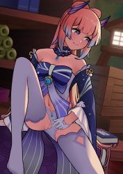Rule 34 | 1girl, bare shoulders, blue eyes, blue hair, blunt bangs, book, bow, bowtie, censored, closed mouth, clothing aside, genshin impact, highres, imminent penetration, indoors, inflameys, leg up, long sleeves, looking to the side, mosaic censoring, multicolored hair, navel, nervous, nervous smile, no panties, on table, pink hair, pointless censoring, ponytail, pussy, sangonomiya kokomi, scroll, shelf, short shorts, shorts, shorts aside, smile, solo, table, thighhighs, thighs, two-tone hair, vision (genshin impact), water drop, wide sleeves