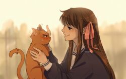 1boy 1girl alternate_form animal blunt_bangs blush brown_hair cat commentary english_commentary fruits_basket hair_ribbon highres holding holding_animal holding_cat honda_tohru itslopezz long_hair male_focus profile ribbon school_uniform sidelocks smile solo souma_kyou twitter_username