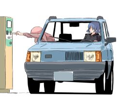 Rule 34 | 2girls, black shirt, blue hair, blunt bangs, bocchi the rock!, car, closed mouth, collared shirt, commentary, covered face, elbow rest, expressionless, fiat, fiat panda, gaditava, gotoh hitori, hair ornament, hairclip, holding ticket, jacket, left-hand drive, long hair, long sleeves, looking at another, motor vehicle, multiple girls, outstretched arm, parking meter, parted bangs, pink hair, pink jacket, reaching, shirt, short hair, sitting, track jacket, trembling, white background, yamada ryo, yellow eyes