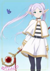 Rule 34 | 1girl, absurdres, arms at sides, belt, black pantyhose, blue butterfly, blush, bug, butterfly, capelet, closed mouth, commentary, dress, drop earrings, earrings, elf, eyelashes, feet out of frame, floating hair, frieren, green eyes, grey hair, heart, highres, holding, holding staff, insect, jewelry, long hair, long sleeves, looking at viewer, mage staff, pantyhose, parted bangs, pointy ears, ribbon, short eyebrows, signature, skirt, smile, solo, sousou no frieren, staff, standing, straight hair, thick eyebrows, twintails, very long hair, wand, weapon, white capelet, white skirt, wizard, yuyayomi