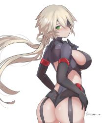 Rule 34 | 1girl, ass, auv susanowo, black garter straps, blonde hair, breasts, crossed bangs, eyepatch, from behind, garter straps, gloves, green eyes, highleg, highleg leotard, highres, leotard, long hair, looking at viewer, looking back, medium breasts, megami device, natsukaze shigure, purple leotard, shiny skin, simple background, skin tight, solo, standing, twintails, white background