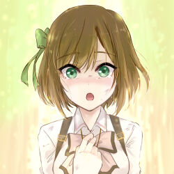 Rule 34 | 1girl, :o, arm at side, assault lily, blush, bow, bowtie, breasts, brown background, brown hair, collared shirt, commentary, crying, crying with eyes open, dirty, dirty clothes, dirty face, gradient background, green background, green bow, green eyes, hair between eyes, hair bow, hand on own chest, hand up, highres, jewelry, looking at viewer, ludvico private girls&#039; academy school uniform, medium breasts, multicolored background, necklace, nose blush, open mouth, pink bow, pink bowtie, saeki julia karen, school uniform, shirt, short hair, solo, suspenders, tears, upper body, urutsu sahari, white shirt, wide-eyed