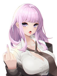 Rule 34 | 1girl, absurdres, bad id, bad twitter id, black jacket, black necktie, blunt bangs, breasts, cleavage, collared shirt, commentary request, copyright request, hand up, highres, jacket, kuuki 1, large breasts, long hair, looking at viewer, middle finger, nail polish, necktie, off shoulder, open clothes, open jacket, open mouth, purple eyes, purple hair, purple nails, shirt, simple background, solo, tongue, upper body, white background, white shirt
