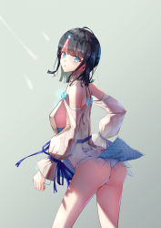 Rule 34 | 1girl, arched back, ass, back, bare shoulders, black hair, blue eyes, blue ribbon, blush, breasts, dreamkite, dress, fate/grand order, fate/requiem, fate (series), fundoshi, japanese clothes, jewelry, large breasts, light rays, long sleeves, looking at viewer, looking back, magatama, magatama hair ornament, medium hair, multicolored hair, necklace, open mouth, pelvic curtain, pink hair, puffy long sleeves, puffy sleeves, ribbon, seigaiha, short dress, sideboob, sideless outfit, streaked hair, thighs, utsumi erice, white dress