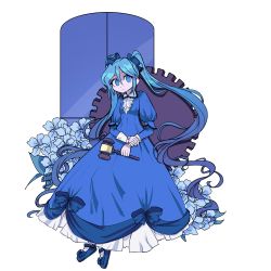 Rule 34 | aqua eyes, aqua hair, blue dress, blue footwear, bow, chaban capriccio (vocaloid), dress, dress bow, evillious nendaiki, flower, frilled dress, frills, gavel, gears, hair ribbon, hammer, hatsune miku, holding, holding hammer, holding own wrist, houtei no nushi, hydrangea, juliet sleeves, lcfz, long hair, long sleeves, mary janes, master of the court (vocaloid), pale skin, puffy sleeves, ribbon, shoes, solo, twintails, very long hair, victorian, vocaloid, window