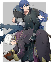 Rule 34 | 1girl, 2boys, ameno (a meno0), ass, asymmetrical clothes, blue eyes, blue hair, book, boots, carrying, carrying over shoulder, carrying under arm, chrom (fire emblem), coat, fire emblem, fire emblem awakening, gloves, grey background, grey hair, hair between eyes, long hair, long sleeves, looking back, lucina (fire emblem), multiple boys, nintendo, open mouth, pants, pantyhose, reading, robin (fire emblem), robin (male) (fire emblem), short hair, sweater, thigh boots, tiara