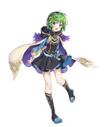 Rule 34 | 1girl, arms behind back, belt, belt pouch, black dress, blue eyes, blush, boots, cape, covered collarbone, detached sleeves, dress, feather trim, fire emblem, fire emblem: the blazing blade, fire emblem heroes, full body, gold trim, green hair, hair ornament, hairband, highres, hiny, hood, hood down, hooded cape, leg up, long sleeves, looking at viewer, nino (fire emblem), nintendo, official art, open mouth, pouch, sakura shiori, short dress, short hair, smile, solo, transparent background