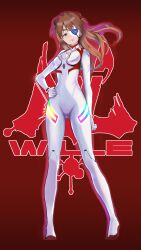 Rule 34 | 1girl, artist request, bodysuit, breasts, curvy, evangelion: 3.0+1.0 thrice upon a time, expressionless, eyepatch, full body, glowing, glowing eye, hand on own hip, highres, interface headset, lips, logo, long hair, looking at viewer, medium breasts, neon genesis evangelion, pilot suit, plugsuit, rebuild of evangelion, red background, shiny clothes, solo, souryuu asuka langley, tsundere, very long hair, white bodysuit, wide hips