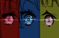 Rule 34 | 3girls, blue eyes, blue theme, close-up, dollchestra, eye focus, glint, green theme, kachimachi kosuzu, link! like! love live!, looking at viewer, love live!, multiple girls, multiple monochrome, murano sayaka, pink eyes, red eyes, red theme, split theme, spot color, virtual youtuber, yugiri tsuzuri, yukiri takashi