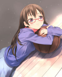 Rule 34 | 00s, 1girl, ball, basketball, basketball (object), blue eyes, blush, brown background, brown hair, closed mouth, cowboy shot, dutch angle, glasses, grey skirt, hood, hooded sweater, hugging object, long hair, long sleeves, on floor, pink scarf, pink sweater, plaid, plaid scarf, red-framed eyewear, scarf, simple background, skirt, smile, solo, sweater, true tears, tsurime, uni (plastic girl), wooden floor, yuasa hiromi