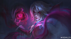 Rule 34 | 1boy, absurdres, artist name, ascot, black gloves, blood, claw (weapon), closed mouth, earrings, fingernails, from side, gloves, glowing, glowing eyes, hair between eyes, hemokinesis, highres, jacket, jewelry, league of legends, light smile, magic, male focus, medium hair, pale skin, partially fingerless gloves, red eyes, red jacket, sail23, sharp fingernails, solo, upper body, vampire, vladimir (league of legends), weapon, white ascot, white hair