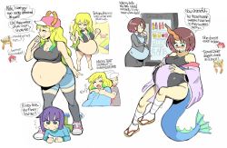 Rule 34 | 1boy, 4girls, barefoot, belly, big belly, blonde hair, blue eyes, breasts, brown hair, bursting belly, elma (maidragon), english text, fat, fins, fish tail, highres, horns, jacket, kobayashi-san chi no maidragon, kobayashi (maidragon), large breasts, leotard, lucoa (maidragon), magatsuchi shouta, medium breasts, multiple girls, navel, noodlemage, office lady, outie navel, pregnant, red hair, shorts, swimsuit, tagme, tail, tohru (maidragon), undersized clothes, weight conscious
