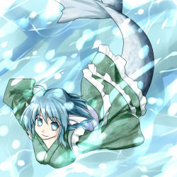 Rule 34 | 1girl, ao-shiba, blue eyes, blue hair, fins, fish tail, head fins, japanese clothes, kimono, matching hair/eyes, mermaid, monster girl, sash, solo, swimming, tail, touhou, underwater, wakasagihime, wide sleeves