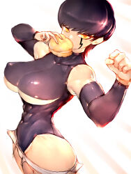 Rule 34 | 1girl, arm up, belt, black hair, black sleeves, bowl cut, clenched hand, covered erect nipples, cream puff, detached sleeves, eating, flexing, food, from side, fumio (rsqkr), genderswap, genderswap (mtf), highres, legs together, leotard, mash burnedead, mashle, muscular, muscular female, solo, standing, white background, yellow eyes