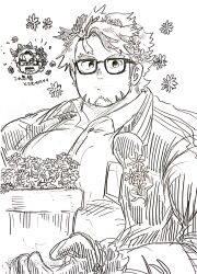 Rule 34 | &gt; &lt;, 1boy, :/, bara, chibi, chibi inset, collared shirt, donguri306, facial hair, farmer, flower, glasses, goatee, graphite (medium), greyscale, hair flower, hair ornament, happy aura, highres, hippolytus (housamo), holding, holding plant, large pectorals, male focus, monochrome, pectorals, plant, potted plant, scan, shirt, short hair, sideburns, sideburns stubble, sketch, solo, stubble, thick eyebrows, tokyo houkago summoners, traditional media, upper body