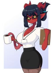 Rule 34 | 1girl, absurdres, black sclera, black skirt, breasts, brown eyes, brown pantyhose, cleavage, closed mouth, coffee, coffee mug, collarbone, collared shirt, colored sclera, colored skin, commission, cup, daigada, demon girl, demon horns, highres, horns, large breasts, looking at viewer, mug, original, pantyhose, pencil skirt, pointy ears, red skin, shirt, short sleeves, skirt, slit pupils, solo, tongue, white shirt