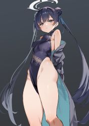 Rule 34 | 1girl, bare shoulders, black dress, black hair, blue archive, blush, braid, braided bun, breasts, butterfly hair ornament, china dress, chinese clothes, coat, double bun, dragon print, dress, grey coat, grey eyes, hair bun, hair ornament, halo, highres, kisaki (blue archive), knees, long hair, long sleeves, looking at viewer, off shoulder, pelvic curtain, pinstripe pattern, short dress, side slit, simao (x x36131422), small breasts, solo, striped, striped coat, thighs, twintails, vertical-striped coat