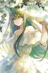 Rule 34 | 1girl, absurdres, animal ears, breasts, cat ears, cleavage, dappled sunlight, dress, eyes visible through hair, green eyes, green hair, hair flip, highres, light smile, long hair, looking to the side, miharu fake, original, solo, straight hair, strapless, strapless dress, sunlight, white dress