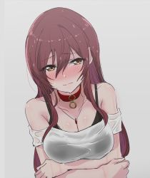 Rule 34 | 1girl, absurdres, black shirt, blush, breasts, brown hair, closed mouth, collar, crossed arms, grey background, hair between eyes, highres, idolmaster, idolmaster shiny colors, long hair, looking at viewer, medium breasts, ogasawara, osaki amana, red collar, shirt, simple background, sketch, sleeveless, solo, upper body, wet, wet clothes, white shirt, yellow eyes