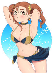 Rule 34 | 1girl, armpits, arms behind head, arms up, bikini, blush, breasts, brown eyes, brown hair, choker, cleavage, dragon quest, dragon quest viii, earrings, jessica albert, jewelry, large breasts, long hair, looking at viewer, miyama (kannsannn), navel, solo, stomach, swimsuit, twintails