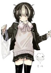 Rule 34 | 1girl, bag, black hair, black jacket, black shirt, black thighhighs, blunt bangs, bottle, bow, bowtie, chibi, chibi inset, cowboy shot, grey sweater vest, highres, hiro 016016, holding, holding bag, holding bottle, jacket, long sleeves, looking at viewer, multicolored hair, original, parted lips, pleated skirt, purple bow, purple bowtie, shirt, short hair, skirt, solo, standing, streaked hair, sweater vest, thighhighs, transparent bag, two side up, white hair, zettai ryouiki