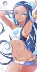 Rule 34 | 1girl, armlet, armpits, arms behind head, arms up, bad id, bad pixiv id, bare shoulders, bikini, black hair, blue eyes, blue hair, blush, breasts, chain, cpqm, creatures (company), dark-skinned female, dark skin, earrings, eyeliner, forehead, game freak, gym leader, highres, hoop earrings, jewelry, long hair, looking at viewer, makeup, multicolored hair, navel, necklace, nessa (pokemon), nintendo, open mouth, poke ball, poke ball (basic), pokemon, pokemon swsh, short shorts, shorts, simple background, small breasts, solo, sports bra, swimsuit, tankini, thighs, water, white background