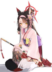 Rule 34 | 1girl, 1other, absurdres, animal ear fluff, animal ears, blue archive, blush, brown hair, closed mouth, colored inner hair, fang, floral print, flower, fox ears, fox tail, hair flower, hair ornament, hairband, halo, heart, highres, holding, holding umbrella, ira n, japanese clothes, kimono, looking at viewer, multicolored hair, obi, oil-paper umbrella, petting, pink flower, pink hairband, pink kimono, print kimono, rabbit, red hair, sash, simple background, skin fang, solo, tail, two-tone hair, umbrella, wakamo (blue archive), white background, wide sleeves, yellow eyes