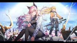 Rule 34 | 2girls, ahoge, animal ears, blonde hair, breasts, chinese commentary, commentary request, extra ears, fingerless gloves, fur collar, girls&#039; frontline, girls&#039; frontline neural cloud, gloves, highres, holding, holding tablet pc, jacket, jewelry, knee pads, lab coat, large breasts, letterboxed, long hair, long sleeves, looking at viewer, midriff, miyazakisoul, multiple girls, navel, necklace, open clothes, open jacket, orange jacket, outdoors, pants, pantyhose, persicaria (neural cloud), pink eyes, pink hair, red eyes, ribbed sweater, sheath, sheathed, shirt, sitting, sky, small breasts, sol (neural cloud), sweater, sword, tablet pc, very long hair, weapon, weibo watermark, white shirt, yellow jacket