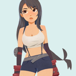 Rule 34 | 1girl, arms at sides, bad id, bad pixiv id, belt, black gloves, black hair, black shorts, blue background, blush, bmo art, breasts, brown eyes, cleavage, commentary, cowboy shot, crop top, cropped shirt, elbow gloves, final fantasy, final fantasy vii, gloves, grey belt, hair over shoulder, light blush, long hair, looking up, low-tied long hair, medium breasts, midriff, nose blush, red gloves, shirt, shorts, solo, standing, suspenders, swept bangs, tank top, taut clothes, taut shirt, texture, thick lips, tifa lockhart, upturned eyes, white tank top