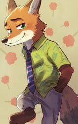 Rule 34 | 1boy, absurdres, animal ears, barefoot, commentary, food, fox boy, fox ears, fox tail, furry, furry male, gabobon05, green eyes, green shirt, grey pants, hand in pocket, highres, looking at viewer, male focus, necktie, nick wilde, pants, popsicle, shirt, smile, tail, zootopia