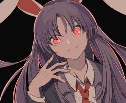 Rule 34 | 1girl, animal ears, black background, collarbone, dutch angle, glowing, glowing eyes, hair over eyes, kerok (joniko1110), long hair, looking at viewer, necktie, outline, outstretched hand, portrait, purple hair, rabbit ears, rabbit girl, red eyes, red necktie, reisen udongein inaba, simple background, smile, solo, touhou, very long hair