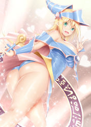 Rule 34 | 1girl, :d, absurdres, ass, bare shoulders, black leotard, blonde hair, blue hat, breasts, calcio, dark magician girl, duel monster, fang, feet out of frame, from below, from side, green eyes, hat, highres, huge breasts, jewelry, leotard, leotard peek, long hair, looking at viewer, neck ring, off-shoulder leotard, open mouth, pentacle, pink skirt, showgirl skirt, skin fang, skin tight, skirt, smile, solo, staff, thick thighs, thighs, twisted torso, upskirt, v-shaped eyebrows, vambraces, w, yu-gi-oh!
