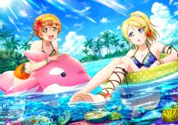Rule 34 | 10s, 2girls, ankle lace-up, ayase eli, bare shoulders, barefoot, bikini, bikini shorts, bikini top only, blonde hair, blue eyes, breasts, cleavage, cloud, coral, cross-laced footwear, day, feet, floral print, flower, green eyes, hair flower, hair ornament, hairclip, halterneck, hibiscus, highres, hoshizora rin, inflatable toy, innertube, island, leg ribbon, looking at viewer, love live!, love live! school idol festival, love live! school idol project, multiple girls, non-web source, official art, open mouth, orange hair, outdoors, palm tree, partially submerged, ponytail, print bikini, ribbon, short hair, shorts, sky, smile, soles, string bikini, swim ring, swimsuit, thigh strap, toes, tree, visor cap, water