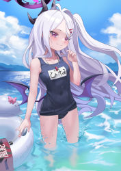 Rule 34 | 1girl, absurdres, blue archive, blue one-piece swimsuit, blue sky, blurry, cloud, cloudy sky, collarbone, commentary request, ddog, depth of field, highres, hina (blue archive), hina (swimsuit) (blue archive), horizon, in water, innertube, long hair, looking at viewer, name tag, ocean, one-piece swimsuit, one side up, parted bangs, purple eyes, school swimsuit, sidelocks, sky, smile, solo, sweat, swim ring, swimsuit, translation request, wading, whistle, whistle around neck, white hair, wind