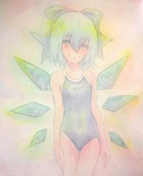Rule 34 | 1girl, acrylic paint (medium), blue eyes, blue hair, bow, cirno, competition school swimsuit, flat chest, graphite (medium), hair bow, highres, ice, ice wings, matching hair/eyes, one-piece swimsuit, painting (medium), school swimsuit, short hair, smile, solo, swimsuit, touhou, traditional media, watercolor (medium), wings, yuyu (00365676)