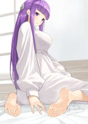 Rule 34 | 1girl, absurdres, barefoot, feet, fern (sousou no frieren), highres, long hair, looking at viewer, looking back, mbr90munouk, parted lips, purple eyes, purple hair, soles, sousou no frieren, toes